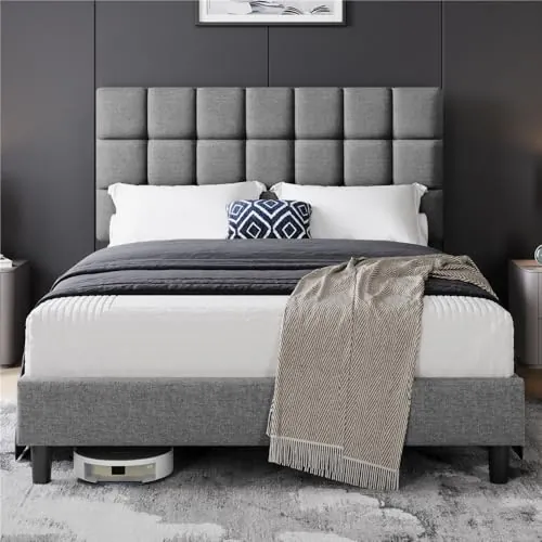 Yaheetech Marco de Cama Tapizada Cabecero Regulable 140 x 200cm Color Gris Claro