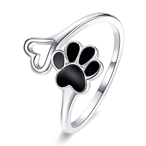 Qings Gato Perro Huella Anillo Ajustables Plata de Ley 925 Anillos Negra Mascota Pata Corazón Anillo Animal Abiertos Navidado Joyería Moda Regalos para Niñas Mujer