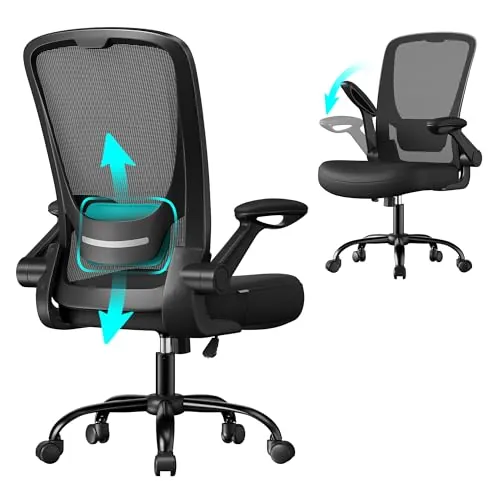 SONGMICS Silla de Oficina, Silla de Escritorio de Malla, Silla Giratoria Ergonómica, Soporte Lumbar, Oscilante, Asiento de 53 cm, Apoyabrazos Abatibles, Negro OBN037BKV2