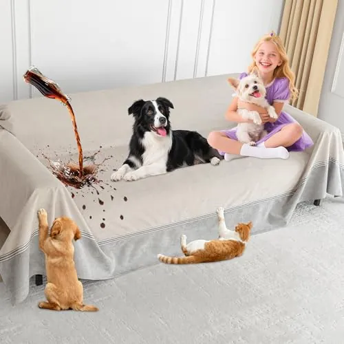 Loiion Cubre Sofas Grandes Antideslizante, 100% Fundas Impermeables Sofa, Cubre Sofa Chaise Longue para Perros, Fundas Antipelos para Gatos Arañazo y Perros Mascotas, Café Claro, 380x230cm