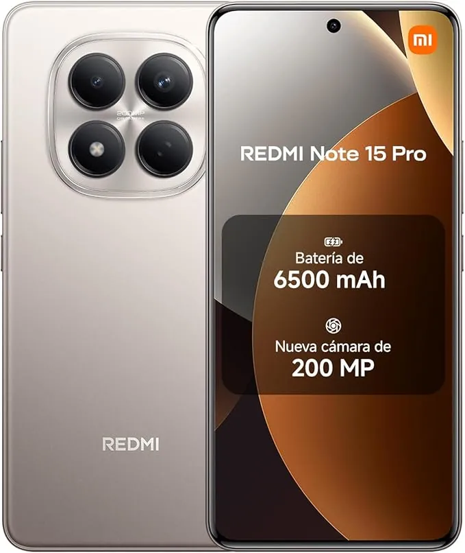 XIAOMI REDMI Note 15 Pro - Smartphone de 8+256GB, Pantalla AMOLED FHD+ de 6,77", MediaTek Helio G200-Ultra, cámara de 200 MP, batería de 6500 mAh, Cargador no Incluido, Titanio (Versión ES)