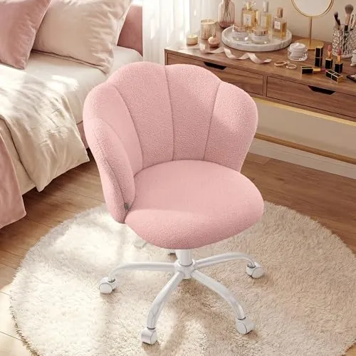 SONGMICS Silla de Oficina Giratoria 360°, Silla de Tocador Acolchada, Tela de Peluche, Soporta 110 kg, Respaldo en Forma de Pétalos, Altura Ajustable, para Salón y Dormitorio, Rosa Jalea OBG030SA01