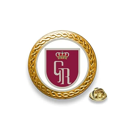 Pin emblema de la Guardia Real española - Montado en base de 20 mm de diámetro de zinc dorado. Con biselado ornamental tipo guirnalda – enganche tipo mariposa