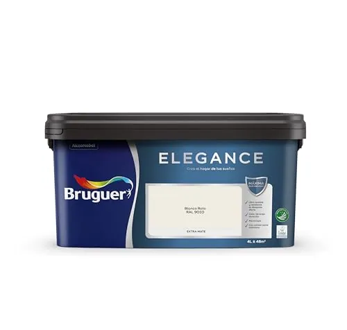 Bruguer ELEGANCE Pintura Monocapa ExtraMate, Paredes y Techos, Interior, Exterior protegido, Alta Durabilidad, UltraLavable, Resistente al Desgaste y Manchas Blanco Roto RAL 9010 4L