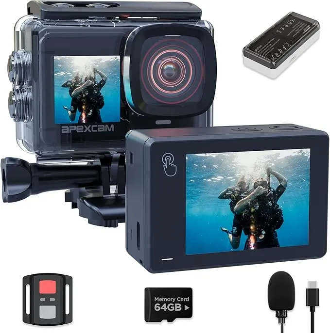 Apexcam Nueva X80pro con EIS cámara Deportiva de Doble Pantalla con 64G Tarjeta 4K60FPS 48MP Ultra HD WiFi cámara de acción cámara subacuática 40m Impermeable 2.4G Control Remoto 2x1350mAh baterías