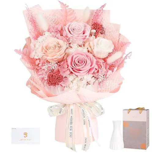 Ramo de Rosas Eternas Rosa con Jarrón, Flores Preservadas, Regalo Mujer