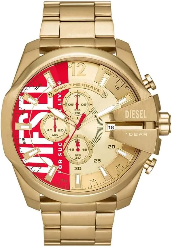 Diesel Reloj para hombre Mega Chief, movimiento cronógrafo de cuarzo, caja de acero inoxidable plateado de 59 mm con correa de acero inoxidable, DZ4308