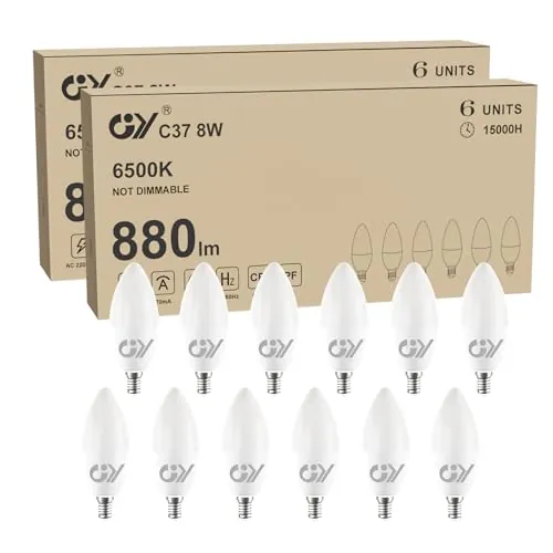 GY Bombilla LED E14 Blanco Frío 8W 6500K 880 Lúmenes, Bombillas E14 LED C37 Vela con Rosca fina, No Regulable - Clase C Bajo Consumo, 12 Pieza