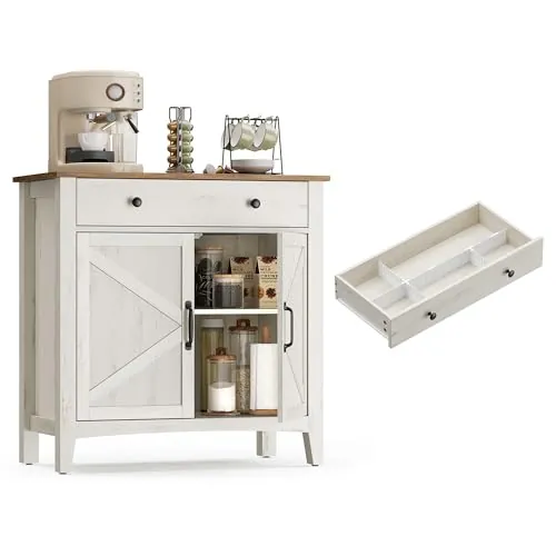 VASAGLE LIRY Colección - Aparador, Armario de Almacenaje con Cajón, Armario de Cocina con Puertas y Estante Regulable, para Salón, Comedor, 40 x 80 x 80 cm, Blanco Rústico y Marrón Miel BBK341W01