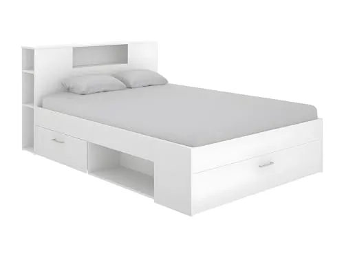 DEKIT GRUPO RIMOBEL LANKA - Cama de matrimonio con almacenaje en cabecero y bajo cama - Blanco - 95x149x218 cm