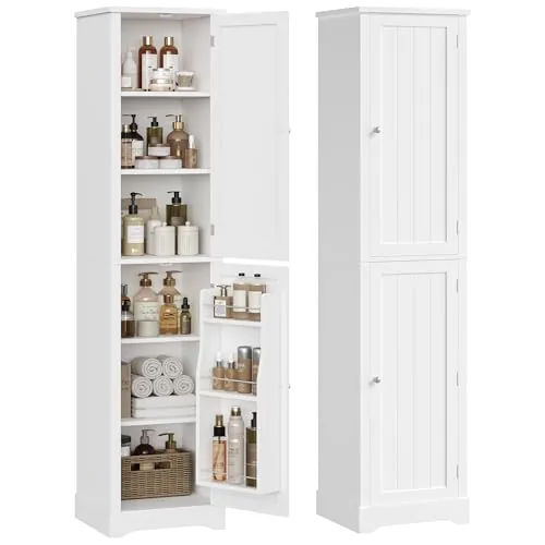 FOREHILL 180cm Mueble Baño, Armario Baño, Armario baño Columna, Alto y Estrecho, con 2 Puertas, Estantes Ajustables, Blanco, 40x30x180cm