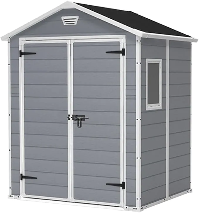 Keter Manor 6X5 - Caseta de jardín, 185x152x226 cm y 2,5m2, Suelo, Sistema de ventilación, Puerta y Ventana, Resistente al Agua, Color Gris