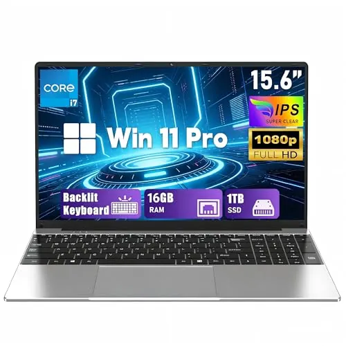 FUNYET Ordenador Portátil,Laptop Modelo 2026 de 15,6 Pulgadas,16 GB de RAM,SSD de 1 TB,PC Portátil Core i7-7600U,FHD 1920 x 1080,5000 mAh, WiFi5,Teclado retroiluminado,Apertura de 180°