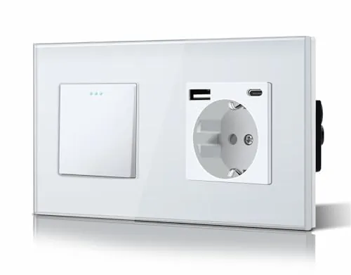 BSEED Interruptor Conmutador y Enchufe USB C,Basculante Con Luz de Orientación,Marco de Cristal,Fácil Instalación,Fáciles de Limpiar,1 Gang 2 Vía Con Enchufe USB/Tipo C,157mm Blanco