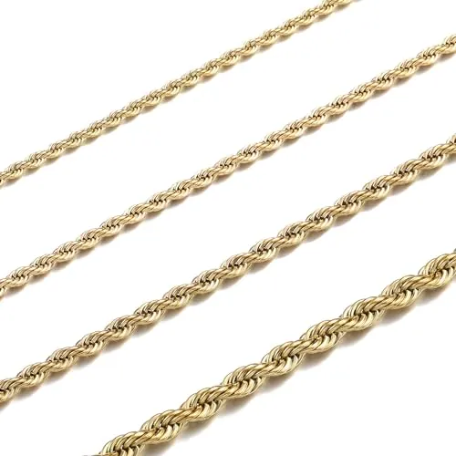 RWQIAN Cuerda Collar Hombre Acero Inoxidable Espiga Dorado 4mm Malla Cadena Rope 55cm