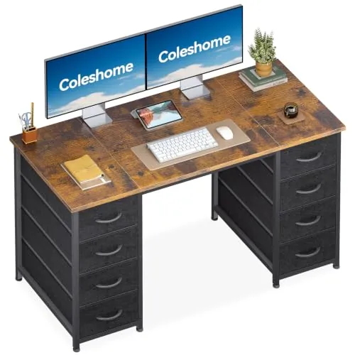 Coleshome Escritorio con 3 Cajones de Tela, 120x48cm Mesa Escritorio de Espacio con Soporte para Auriculares, Escritorio Ordenador Reversible para Oficina en Casa, Marrón