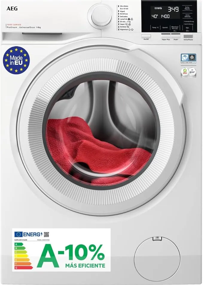 AEG LFR7184N2V, Lavadora de Carga Frontal 8 Kg, 1400 rpm, Libre Instalación, Función Vapor, Lavado Rápido, Cajón Universal, Motor Inverter, Display LCD/LED, Serie 7000, Blanca, Clase A