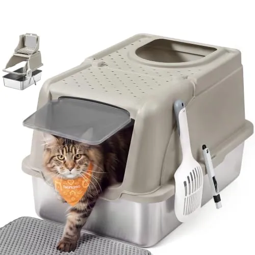 Feandrea Arena Gato, Inoxidable para Gatos con Tapa Abatible, Beige | Arenero XL, a Prueba de Fugas, Cuchara, Alfombrilla, Doble Entrada, Carga de Encimera de 15 kg, Colección BOXAL PPT005K01
