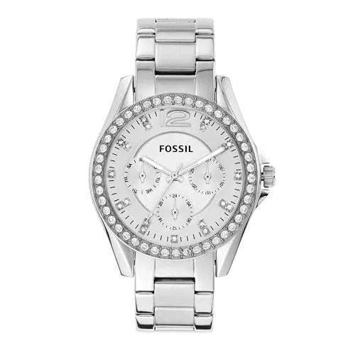 Fossil Riley Reloj para mujer, movimiento cronógrafo con correa de acero o piel, Tono plateado y purpurina, 38MM
