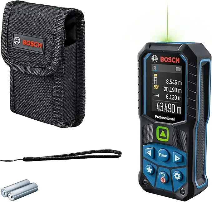 Bosch Professional Medidor Láser GLM 50-23 G (láser verde, sensor de inclinación, alcance: hasta 50 m, robusto, IP65, ±1,5 mm*, 2 pilas AA, correa de sujeción, funda)