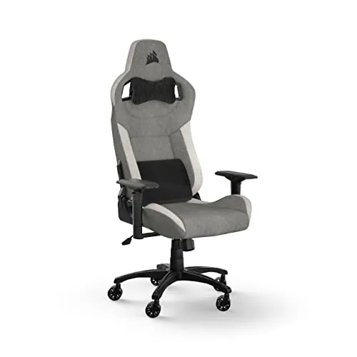 Corsair T3 RUSH Fabric Silla para juegos (2023), Diseño Inspirado en Las Carreras, Exterior de Tela Suave, Almohada Cervical Acolchada y Soporte Lumbar de Espuma Viscoelástica, Gris y Blanco