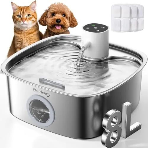 FEELNEEDY 8L Fuente para Gatos sin Cable, Bebedero Gatos Perros de Acero Inoxidable con 3 Filtros, 5000mAh Batería Recargable, Apta para Lavavajillas, Sensor de Radar Mejorado