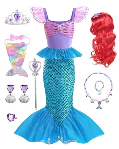 Dtiaagto Disfraz de sirena, disfraz de la Sirenita para niñas, disfraz del Día Mundial del Libro con accesorios de 3 a 4 años