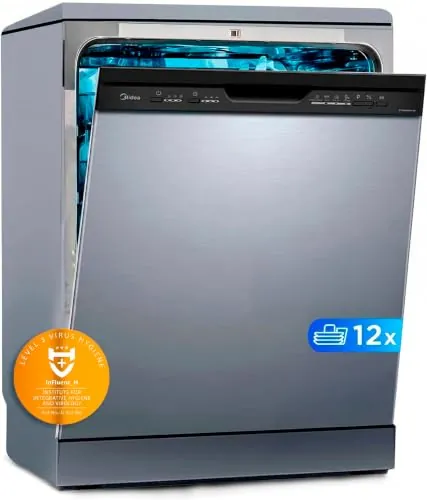 Midea Lavavajillas 60 cm+++ Inox para 12 servicios - Lavaplatos Libre Instalación con 4 Programas, Silencioso 49dB, Filtro Antibacterias, Modo ECO, Lavado Rápido, Función de Media Carga, Sanitización+