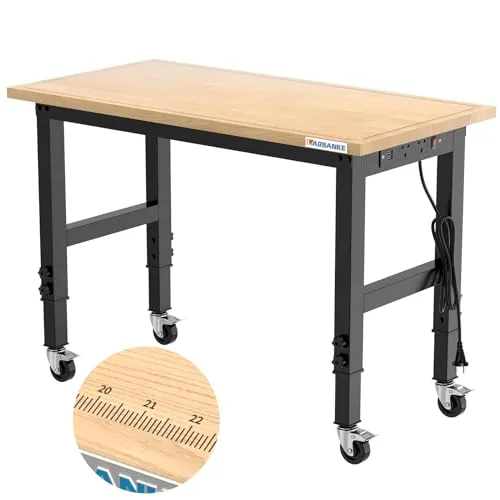 LARBANKE 120CM Banco de Trabajo,Banco de Trabajo de Madera de Caucho Tiene Ajustable 5 Alturas Diferentes,Mesa de Trabajo de Madera Dura Capacidad de Peso de 900KG,con Ruedas de Freno