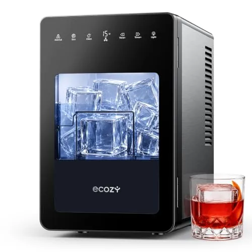 ecozy 50mm Máquina de Hielo con Cubos Transparentes, 24 Horas Temporizador | Hielo Cristalino en 30 Min con Modo Eco, Hasta 96 Cubitos al Día, Tecnología CrystalFlux, para Bar en Casa y Whisky