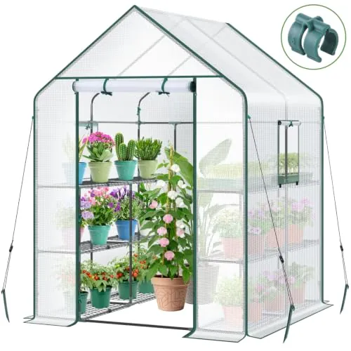 Ohuhu Invernadero de Jardín 145x145x195 cm Vivero Casero 3 Niveles 12 Estantes, Invernadero para Plantas con Puerta Enrollable y Ventanas, Ideal para Cultivo de Flores y Macetas, Blanco