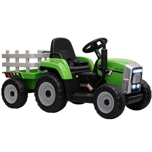 HOMCOM Tractor Eléctrico para Niños con Remolque Desmontable Verde | 3-6 Años, Control Remoto, Arranque Suave, Música MP3, Pantalla, Luces, Cinturón de Seguridad, 136,5x50x52,5 cm