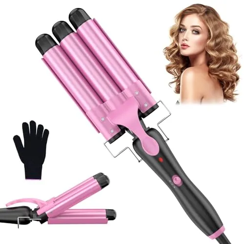 YICAIZI Plancha Pelo Ondas Plancha 3 Barriles, 25mm Rizadora de Pelo, Plancha Ondas, PTC calentamiento rápido 2 temperaturas 150°C/210°C, Rosa