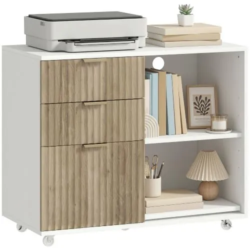 HOMCOM Mueble para Impresora con Ruedas 3 Cajones Barra Ajustable Blanco | Mesa para Impresora con 2 Estantes Abiertos para Documentos Tamaño A4, Carta, Archivador Móvil para Oficina en Casa