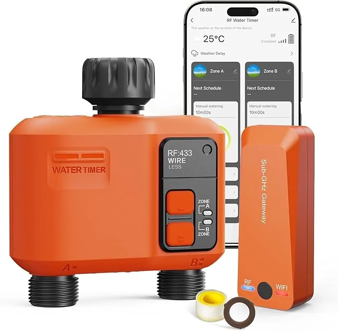 Programador Riego WiFi 2 Salidas con 300 Metros RF, WiFi Supercobertura, Sistema de Riego para Jardín con Retardo de Lluvia, Control por Aplicación y Voz, Temporizador Automático