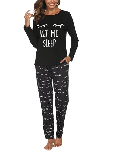 Reliwel Pijama Mujer Invierno Algodon Largo Conjunto de Pijama para Mujer Dos Piezas Cuello Redondo Comodo Impreso Pjs Otoño Ropa de Dormir Pantalones Largo Loungewear
