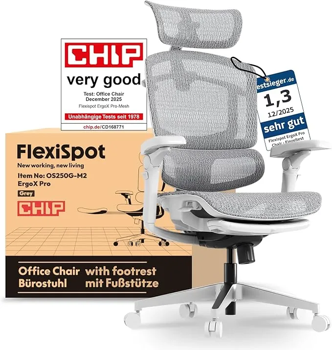 FLEXISPOT ErgoX Pro Silla de Oficina Ergonómica con Reposapiés, Ajuste Altura 12 Niveles, Reposabrazos 7D, Soporte Lumbar 5D, Reposacabezas 4D, Carga 250 kg, Asiento Malla Transpirable, Gris