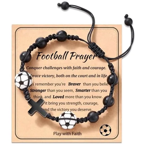 LunarCharm pulseras cruz de fútbol de piedra natural, ideas de regalos de fútbol para adolescentes con mensaje, tarjeta de regalo, cumpleaños para chicos, pulsera de fútbol de piedra natural