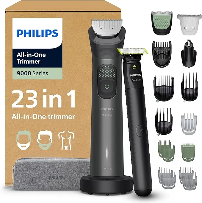 Philips Recortadora todo en uno de 23 en 1 Serie 9000 + OneBlade - Afeitadora y cortapelos hombre para rostro, cabeza y cuerpo, 27 longitudes (0,2-20 mm), recargable, MG9561/30