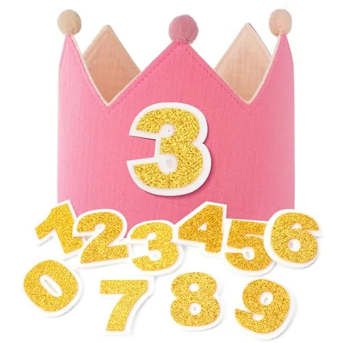 URAQT Corona Cumpleaños, Corona de Infantil Cumpleaños (Rojo rosa) | con Números Intercambiables del 0 al 9, Corona Tela Cumpleaños 1 Año con Ajustable Aniversario Años o Meses, Unisex