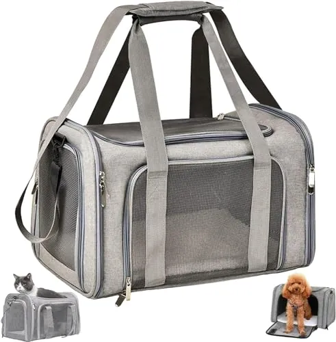 Transportín para Perros Bolsa, Bolsa Transporte Transpirable para Mascotas, Correa de Hombro Ajustable y Colchón Suave, Soporta 8 kg, Transportin Animal (Gris, L 43 x W 28 x H 28 cm)