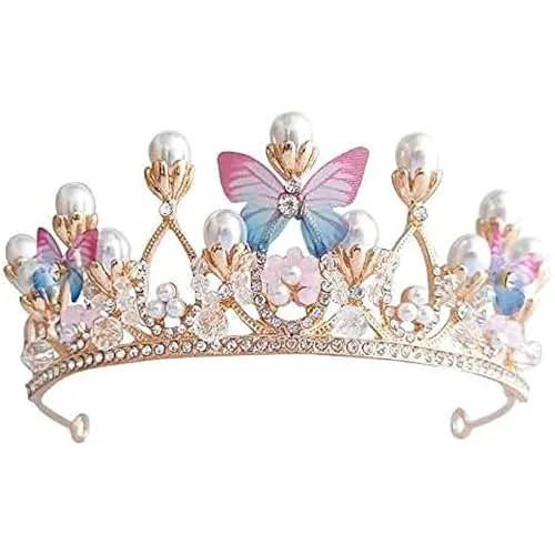 Corona Princesa Niña Dorada Diadema con Mariposas Perlas Cristales y Strass Accesorio Hecho a Mano para Cumpleaños Boda Fiesta Fotografía Tarta Ideal para Niñas Reinas Damitas y Disfraces