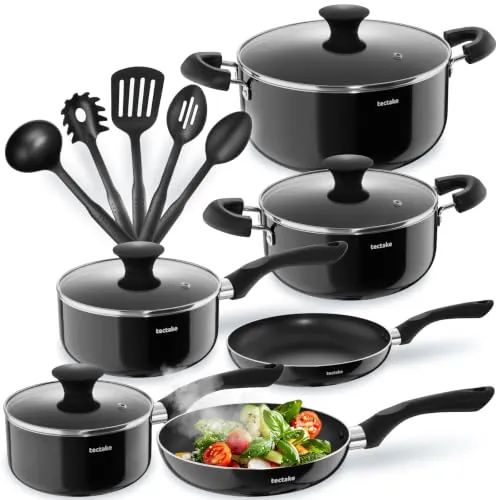 tectake® batería de cocina 15 piezas, sartenes, cacerolas de aluminio, tapa de vidrio, mangos resistentes al calor, utensilios cocina, ollas cocina, sartenes antiadherentes - 15 Piezas