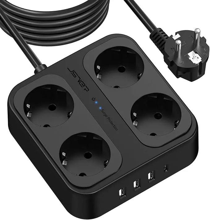 JSVER Regleta Enchufe 5M con 4 Tomas con 3USB A y 1 USB C (5 V/3,4 A),Protección contra Sobretensiones para el hogar, la Oficina y los Viajes Cable 5m-Blanco