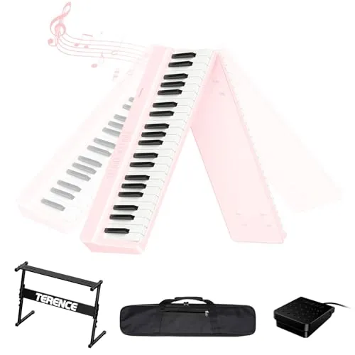 TERENCE Teclado plegable de piano de 88 teclas con soporte en Z, teclado portátil semipesado de 10 W, función de grabación integrada, interfaz Bluetooth MIDI adecuado para adultos (rosa)