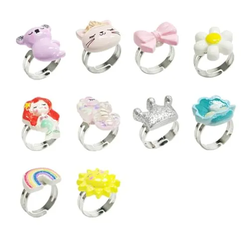 KSIUW 10 Pcs Anillos para niñas, Anillos Ajustables para niños, Anillos para Fiestas de Disfraces de Princesas, Anillos para los Dedos, Regalo de cumpleaños de Navidad (Estilo Aleatorio)