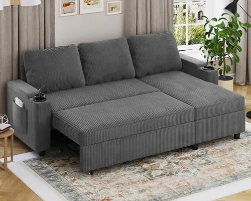 Devoko Sofá Cama Chaise Longue, Sofá de Salón Cheslong de 3 Plazas Convertible en Cama, con Almacenamiento Integrado y Portavasos, Sofá Chaise Longue en Forma de L con Tejido Suave Gris Oscuro