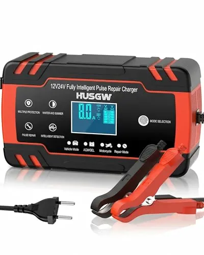 Husgw 8A 12V/4A 24V Cargador de Batería de Coche,Cargador de Batería Inteligente para Moto con Función de Reparación,Múltiples Protecciones,para Auto, Moto,Camión,AGM,Gel,Wet, SLA
