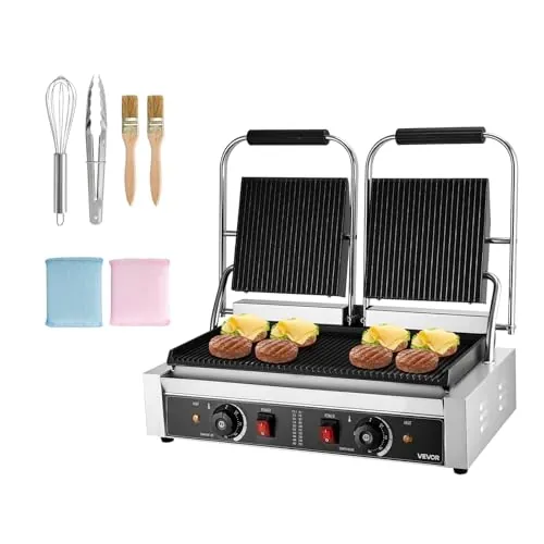 VEVOR Parrilla de Contacto Eléctrica 3600 W para Sándwiches, de Acero Inoxidable, con Control de Temperatura, Doble Placa Esmaltada Acanalada de 48 x 23 cm para Hamburguesas, Filetes y Tocino
