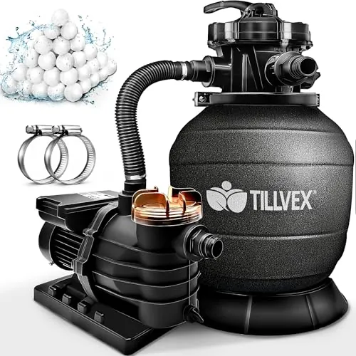 tillvex Depuradora de Agua para Piscina 10 m³/h + 800g Bolas de Filtro - 7 Funciones de Filtrado - Bomba de Filtro de Arena con Válvula (Negro)